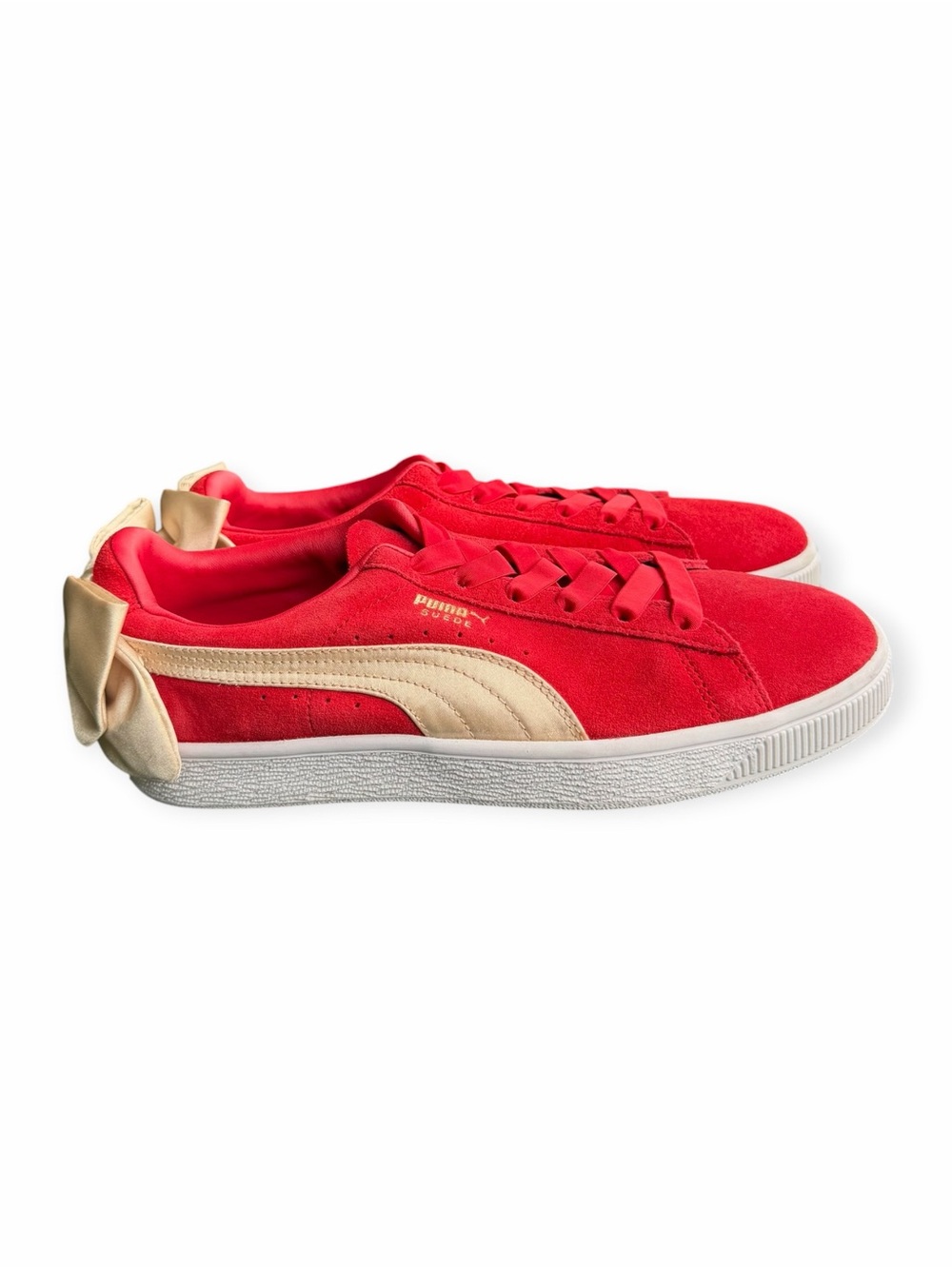 Puma Suede Bow Varsity Red Gold Leather Low Lace Up Womens Trainers Size 8.5